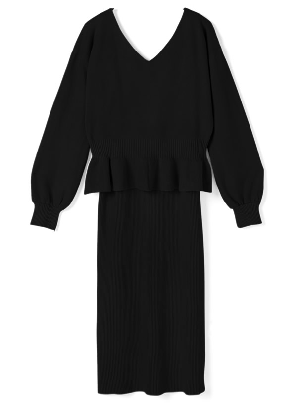 ペプラムフリルXリブワンピースニットセット
