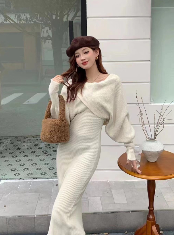 クロスデザインボレロ×キャミソールワンピースリブニットセットアップ