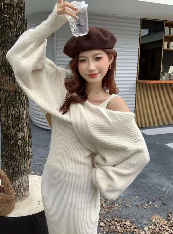 クロスデザインボレロ×キャミソールワンピースリブニットセットアップ