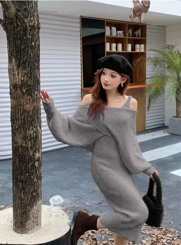 クロスデザインボレロ×キャミソールワンピースリブニットセットアップ