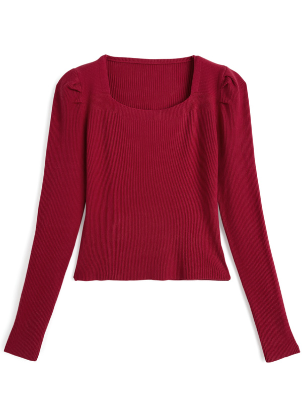 スクエアネックパワショルリブニットトップス