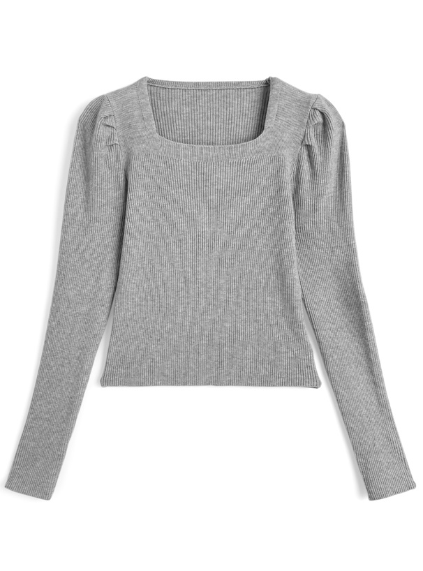 スクエアネックパワショルリブニットトップス