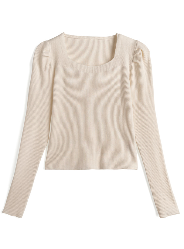 スクエアネックパワショルリブニットトップス