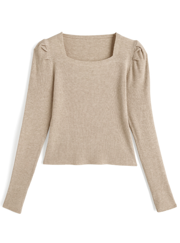 スクエアネックパワショルリブニットトップス