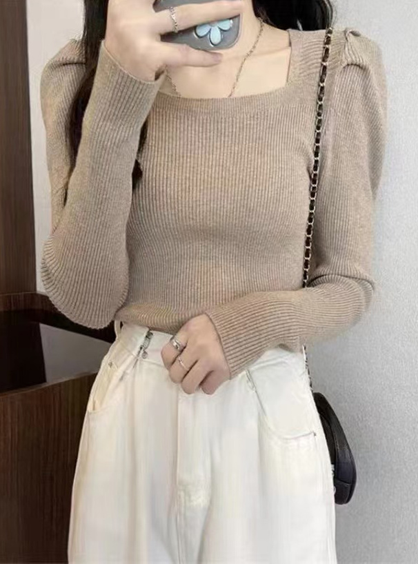 スクエアネックパワショルリブニットトップス