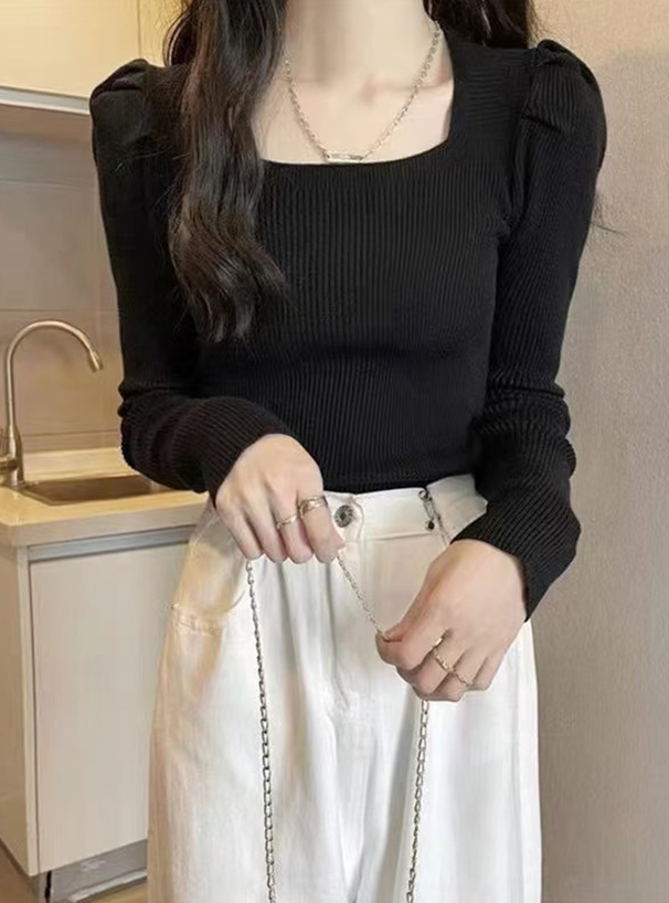 スクエアネックパワショルリブニットトップス