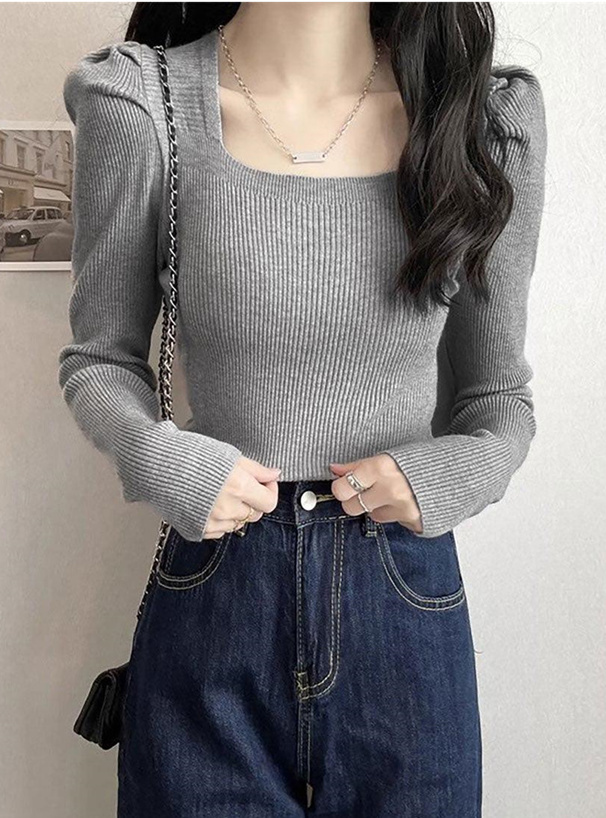 スクエアネックパワショルリブニットトップス