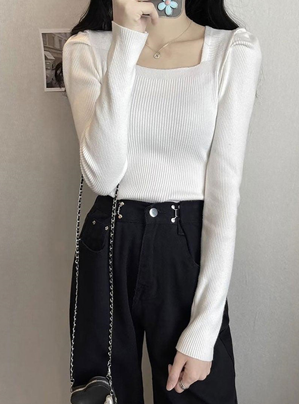 スクエアネックパワショルリブニットトップス