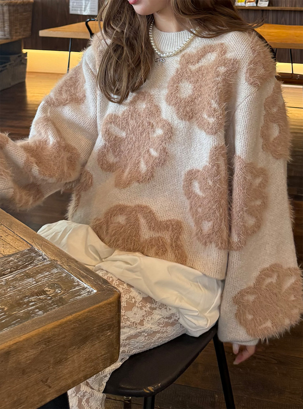 花柄ジャガードショート丈ニットトップス