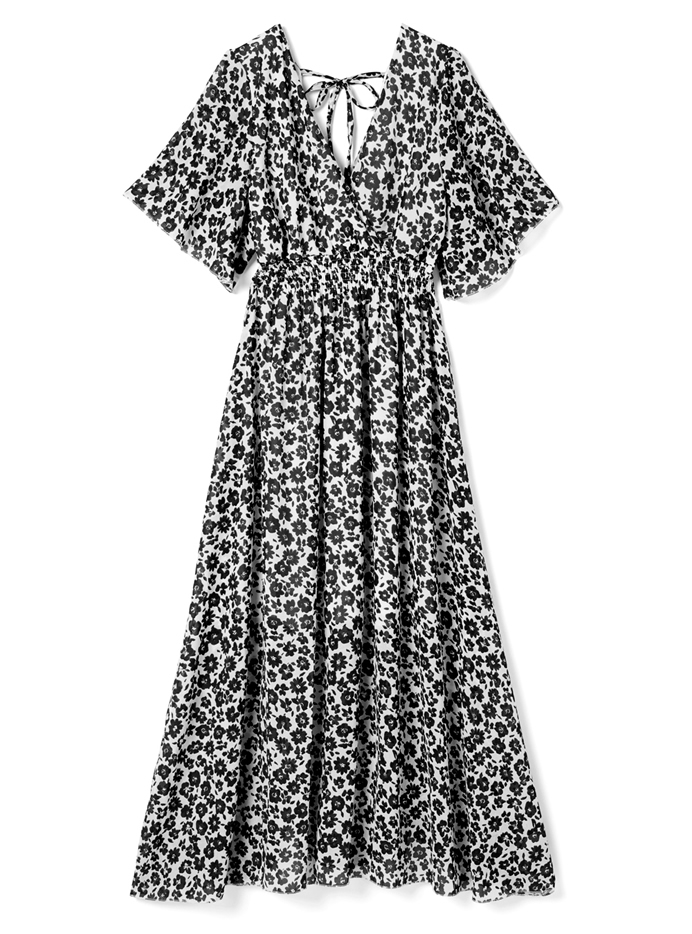 フレアスリーブ花柄カシュクールワンピース