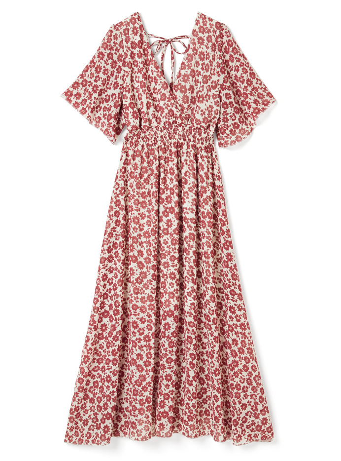 フレアスリーブ花柄カシュクールワンピース