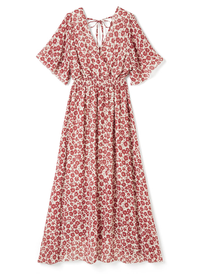 フレアスリーブ花柄カシュクールワンピース