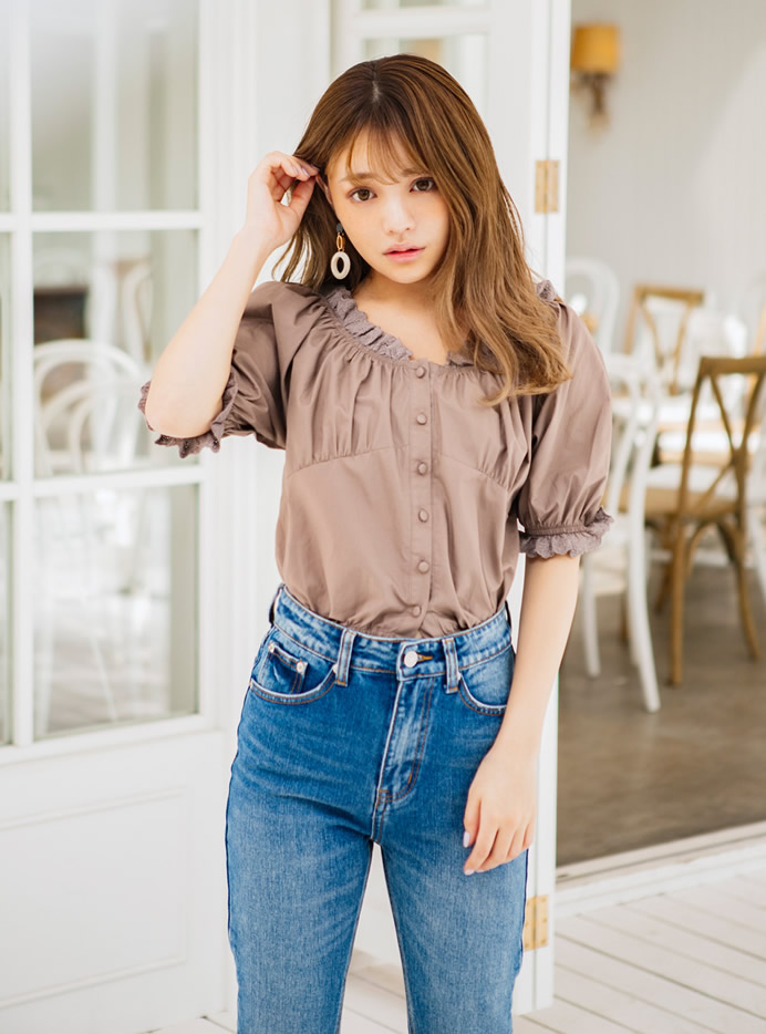 2wayオフショルレースネックトップス