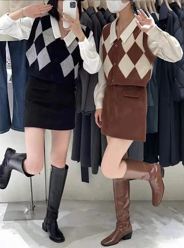 シャツドッキングダイヤ柄ニットトップス