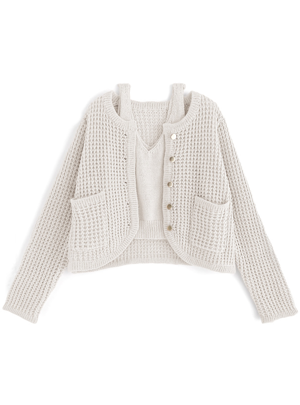 ワッフルカーディガン×タンクトップニットアンサンブル