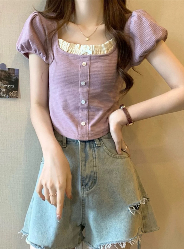 パフスリーブレイヤード風フリルリボントップス