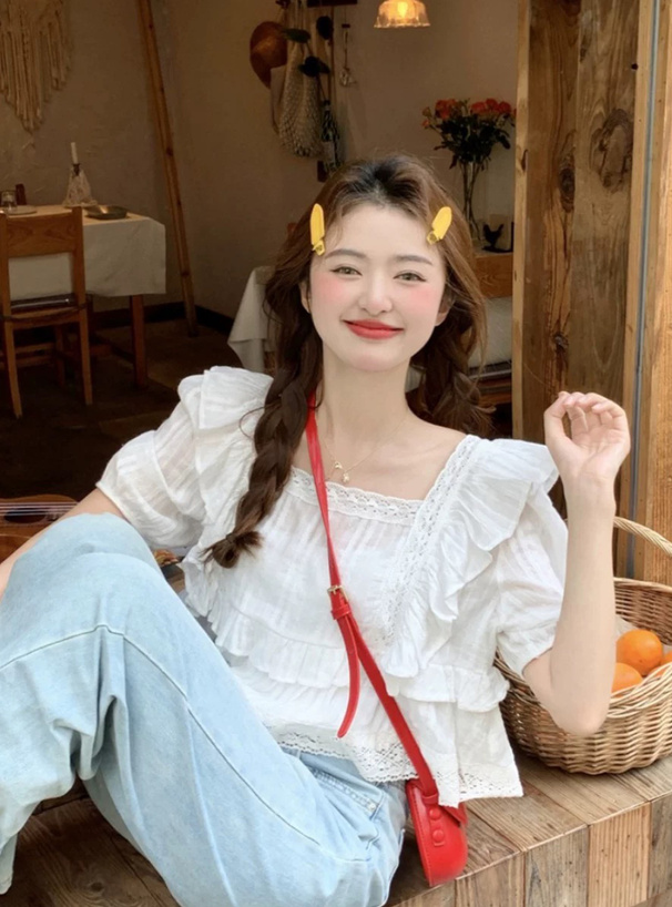 レースフリルティアードスクエアネック半袖ブラウス[ac2539