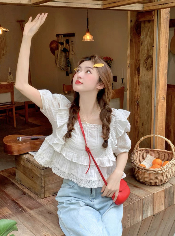 レースフリルティアードスクエアネック半袖ブラウス[ac2539