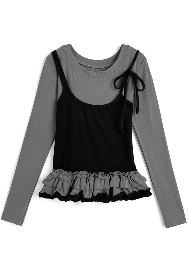 キャミレイヤード風ティアードフリルトップス