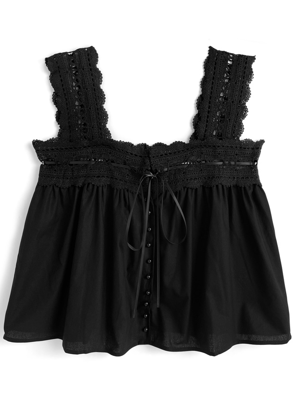 スクエアネックレースフリルノースリーブトップス