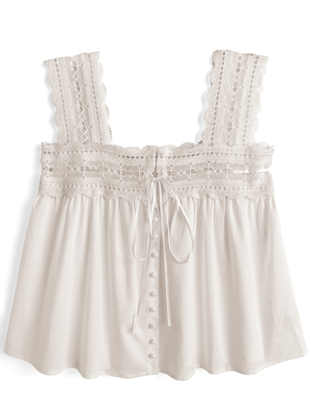 スクエアネックレースフリルノースリーブトップス