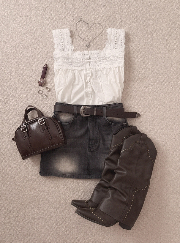 スクエアネックレースフリルノースリーブトップス