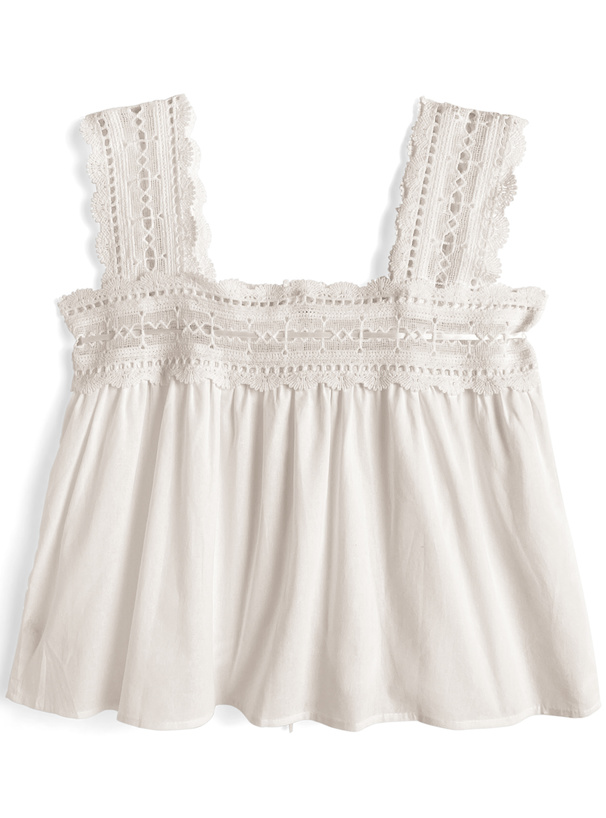 スクエアネックレースフリルノースリーブトップス