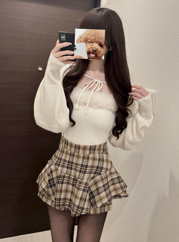 チェック柄ラウンディングフリルスカートパンツ