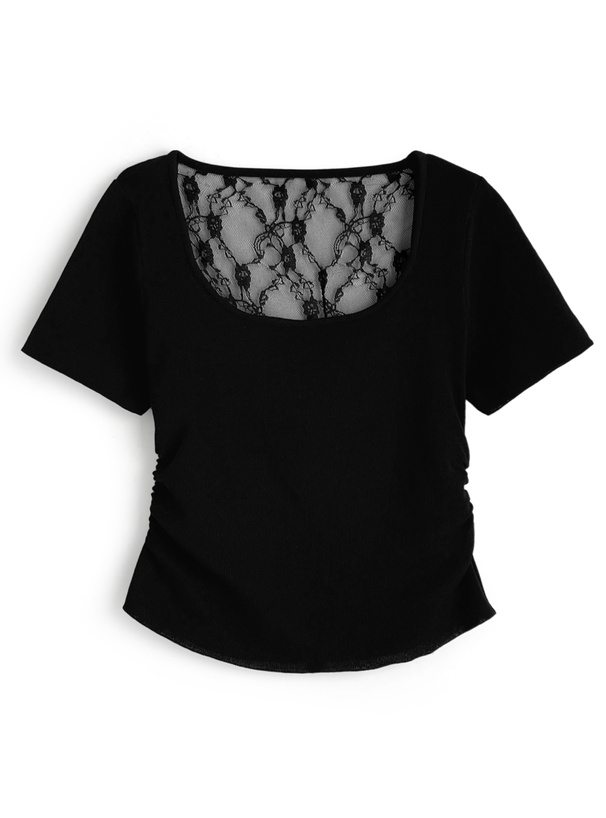 バックレースデザインサイドギャザーニットトップス