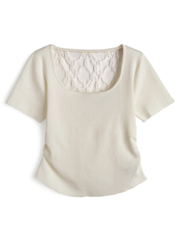 バックレースデザインサイドギャザーニットトップス