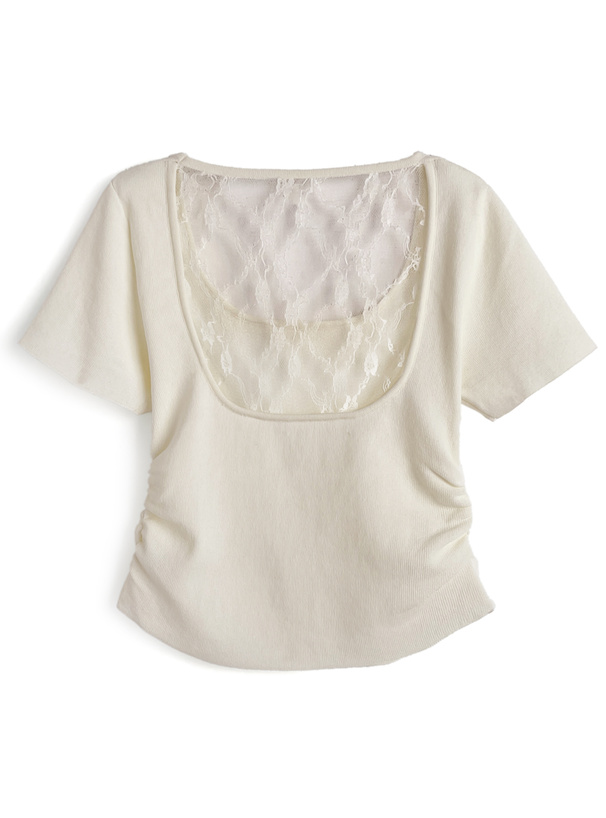 バックレースデザインサイドギャザーニットトップス