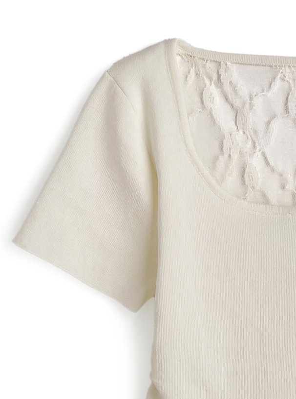 バックレースデザインサイドギャザーニットトップス