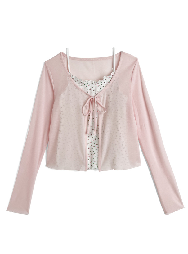 小花柄キャミソール×リボンカーディガンアンサンブル