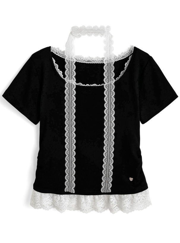 レースタイ付きレースフリル半袖トップス