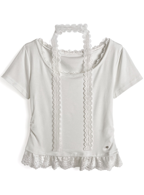 レースタイ付きレースフリル半袖トップス