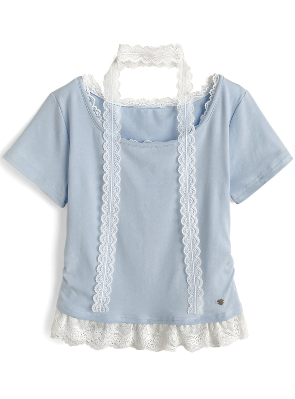 レースタイ付きレースフリル半袖トップス[ac2570] | レディース