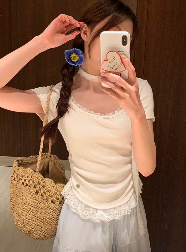 レースタイ付きレースフリル半袖トップス