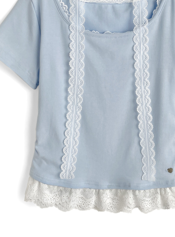 レースタイ付きレースフリル半袖トップス