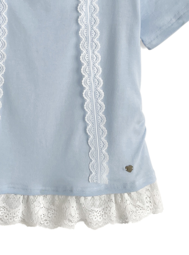 レースタイ付きレースフリル半袖トップス