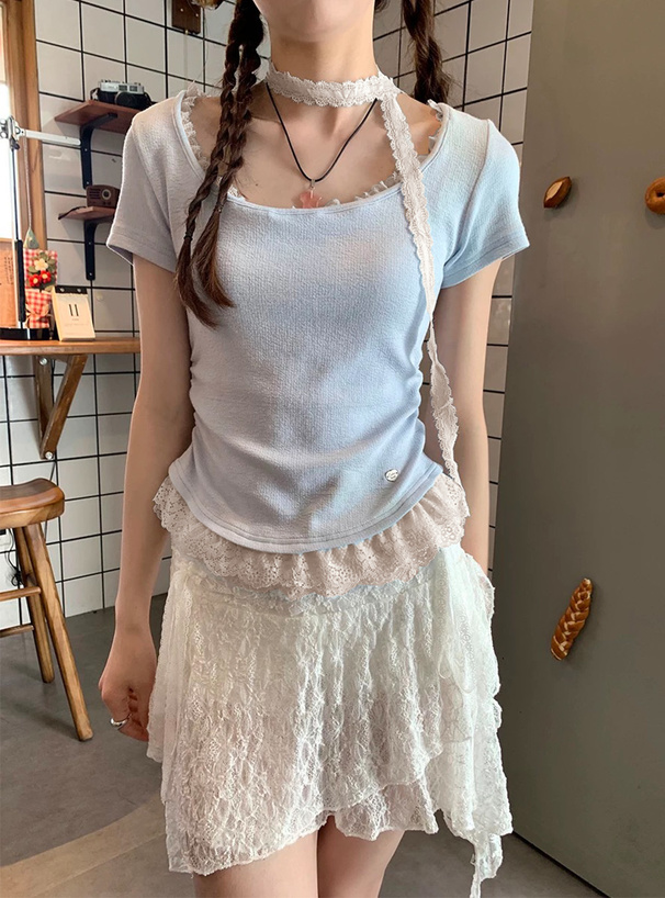 レースタイ付きレースフリル半袖トップス