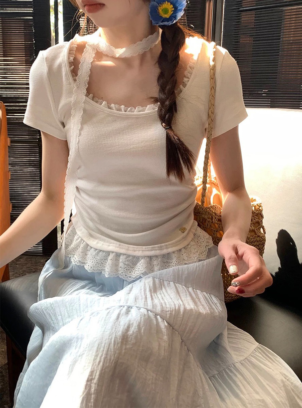レースタイ付きレースフリル半袖トップス[ac2570] | レディース