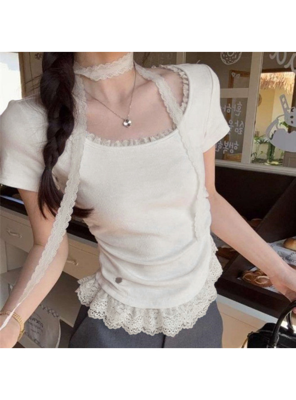 レースタイ付きレースフリル半袖トップス