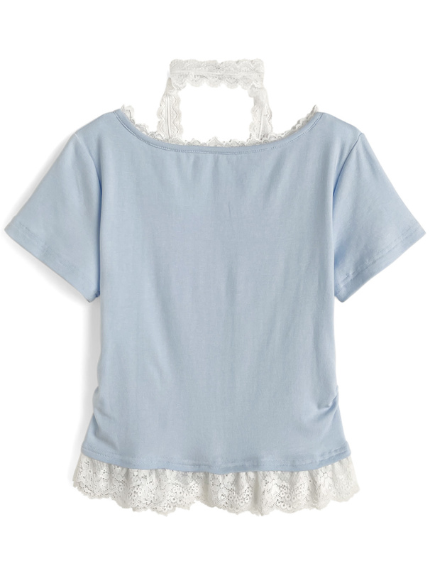 レースタイ付きレースフリル半袖トップス