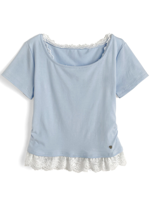 レースタイ付きレースフリル半袖トップス