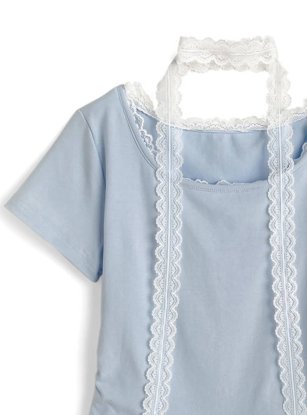 レースタイ付きレースフリル半袖トップス