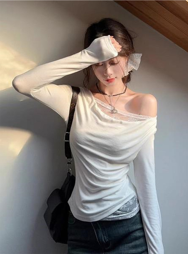 レースレイヤード風ワンショルダートップス