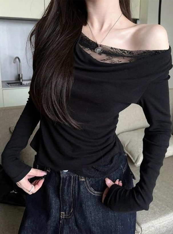 レースレイヤード風ワンショルダートップス