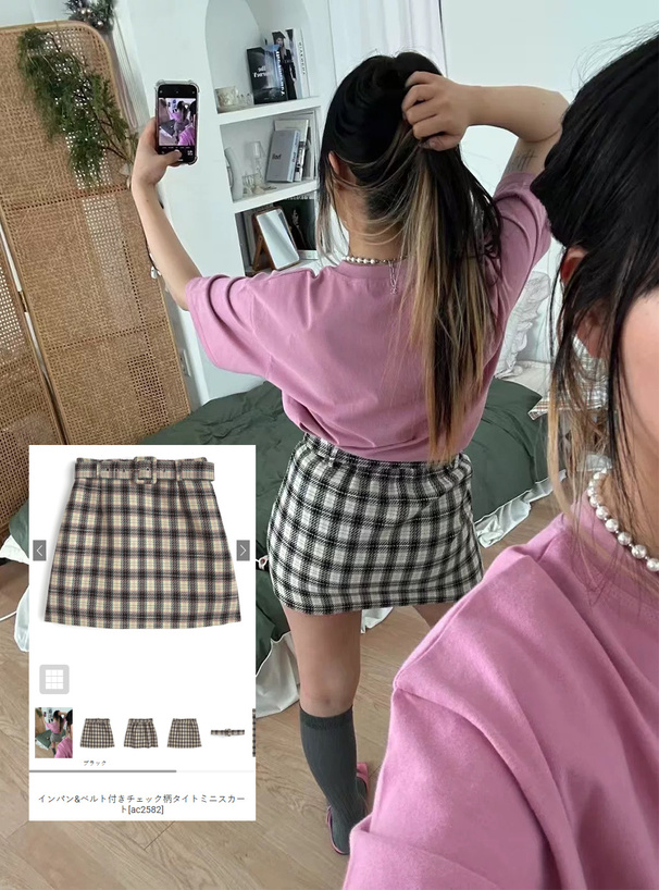 インパン裏地・ベルト付きチェック柄タイトミニスカート[ac2582