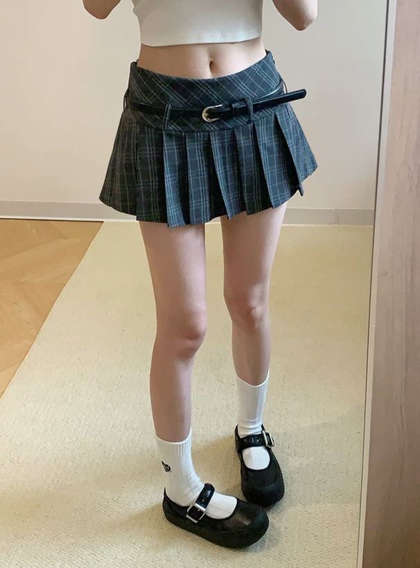 ベルト・インパン付きチェック柄プリーツミニスカート[ac2583