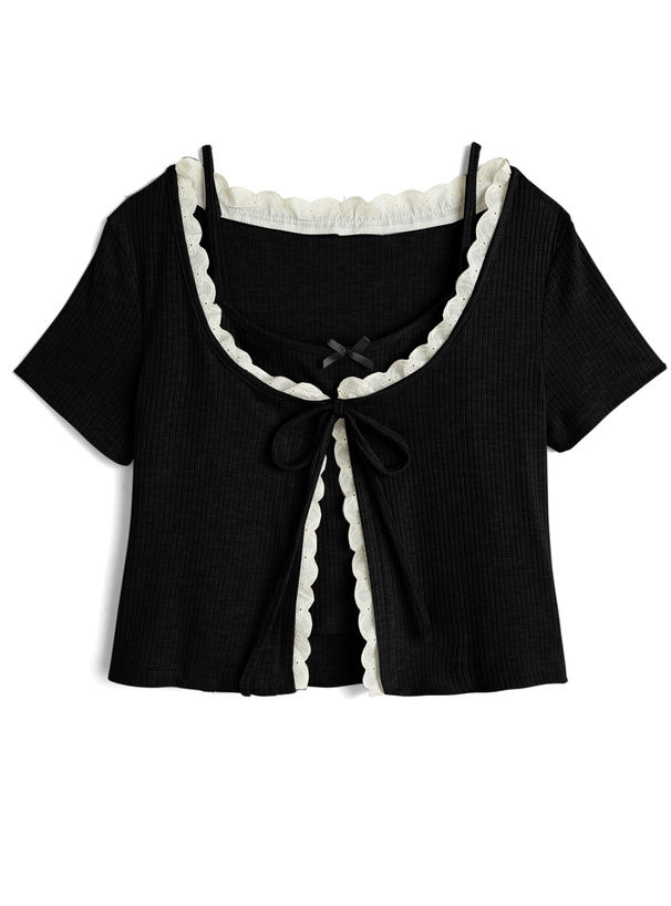 レースリボンカーディガン×リボンキャミソールアンサンブル